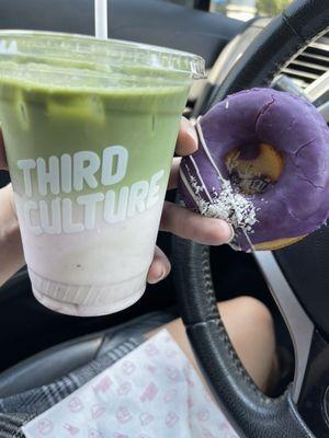 Ube mochi donut and strawberry lychee matcha drink.