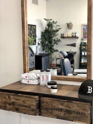 One of several spaced barber stations (Want those wine drawers!)