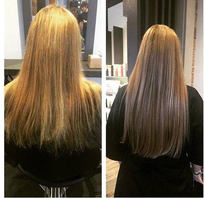 16 inch Easi Lengths tape in extensions with root touch up and balayage highlights.