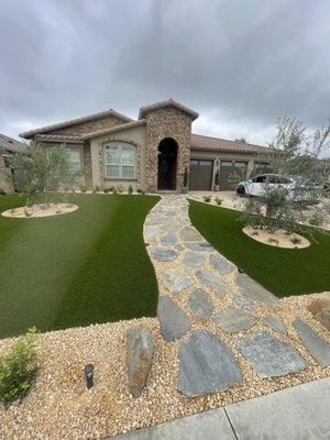 Turf install, gravel install and flasher walk path.