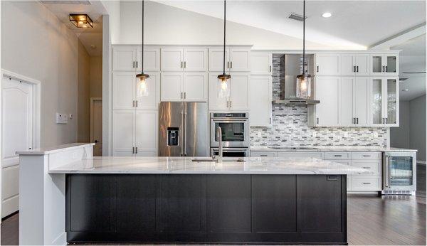 Kitchen remodel with cabinet refacing.