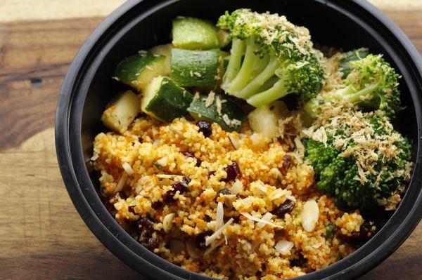 Cranberry almond coconut tri-color cous cous w/ roasted broccoli & zucchini.