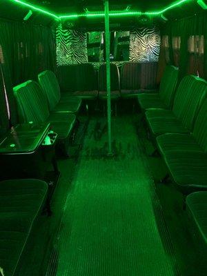 Inside of party bus dance pole