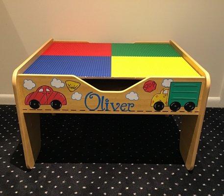 This personalized LEGO and reversible train table is a favorite at HandCrafters.