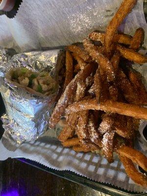 Philly chicken wrap with sweet potato fries