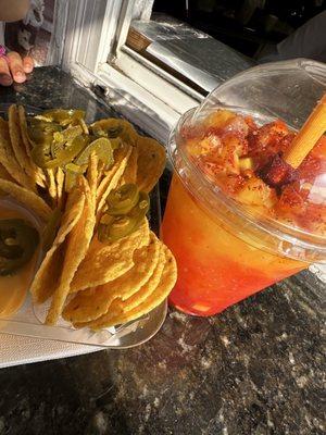 Nachos (skimpy on the cheese) and the Mangonada