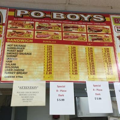 Po-Boy Menu. Options are: Shrimp, Smoke Sausage, Hamburger, Hot Sausage, Fish, Salami, Ham, or Roast Beef. They even offer Turkey Breast!