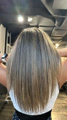 Air touch balayage technique where your natural hair and the balayage will blend to perfection .