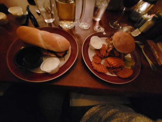 Half pound Burger w Waffle fries & the Prime Rib Sandwich.