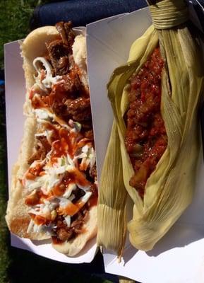 Marty's Meats Carolina sandwich and a Marty's Tamale. Both delicious!