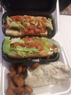 Mexi Hot dogs ,chicken wrap,and white cheddar bites for 4.99.