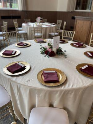 Champagne Lamour Satin Linen, Gold Leafed Beaded Charger & Burgundy Lamour Satin Napkins Trio Cylinders w/Candles