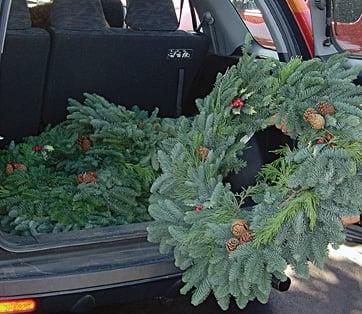 Holiday Decor Lighted Wreaths and Scalloped Live Garland Installed.