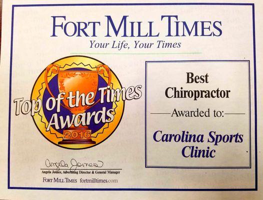 Certificate for the Fort Mill Times' Top of the Times Award