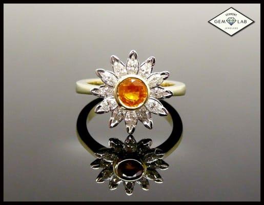 Platinum, 14K green gold, orange sapphire, diamond ring