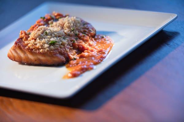 Seared Atlantic Salmon sun-dried tomato pesto, herb bread crumbs