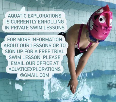 For more info check us out at aquaticexplorations.com or email our office to set up your free trial lesson