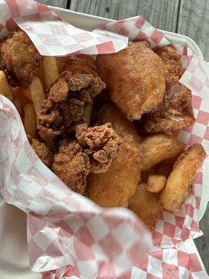 Galley Platter: fried cod, shrimp, oysters, and fries.