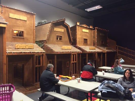 The wooden play town at Fun Run. The kids spent the whole time playing in these buildings.