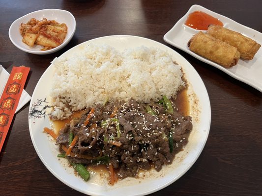 Bulgoki with White Rice egg rolls and kimchi