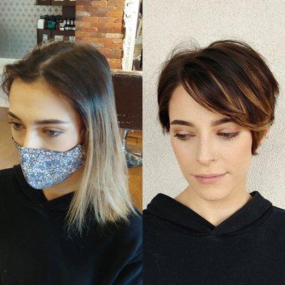 Before and after of a beautiful pixie cut.