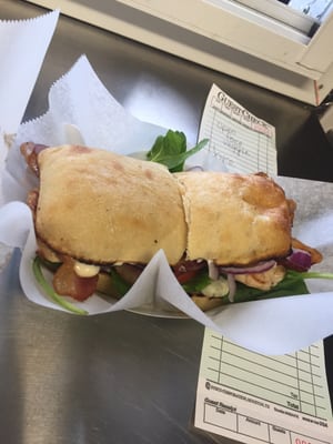 Grilled Chicken Ciabatta:spinach tomato garlic mayo grilled chicken bacon red onion bleu cheese