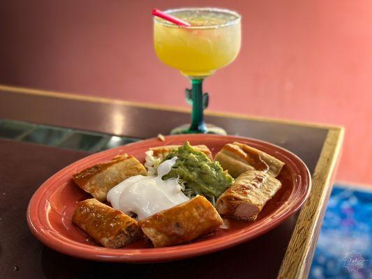 Chicken taquitos appetizer; house margarita