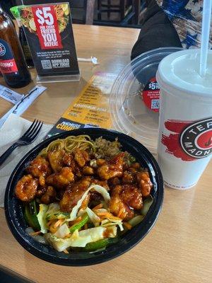 Orange Chicken w/ half noodles,half fried rice and all the veggies.