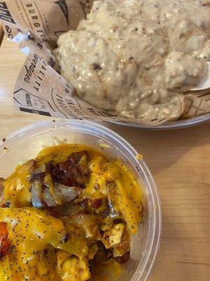 Breakfast Bowl with bacon and an order of biscuits & gravy.