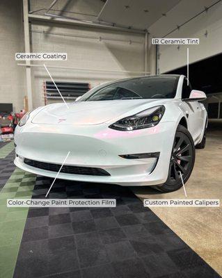 Color-change paint protection film, window tint, painted calipers, and a ceramic coating on a Tesla Model 3!