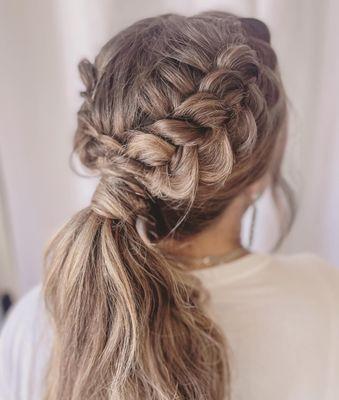 Dutch braid into pony w/ extensions