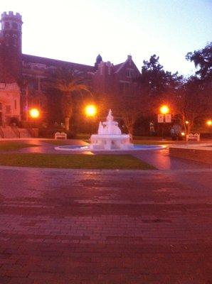 The fountain is out front.