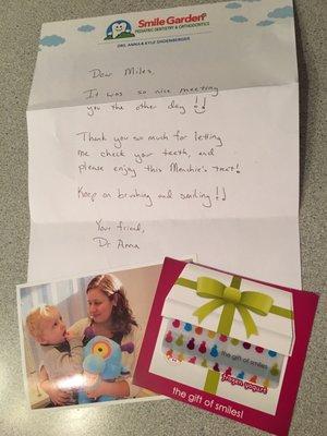 Just got this in the mail a few weeks after his appointment - a letter, photo, and gift card to Menchies. What great customer service!