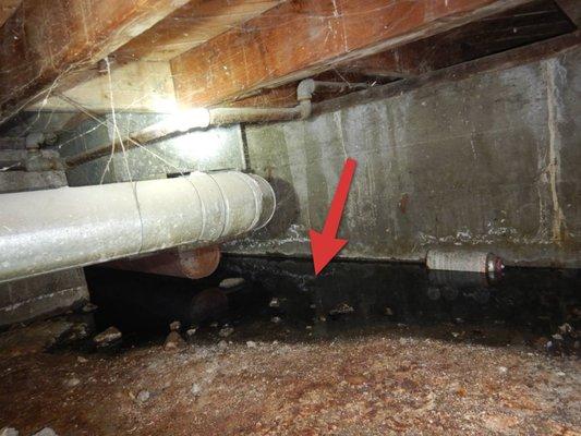 Sewage water under building is a bad condition that needs immediate correction. This is result of ongoing drain pipe leaks.