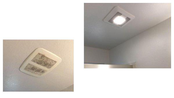 Before and after exhaust fans. The new one on the right is quiet and it has an added light!