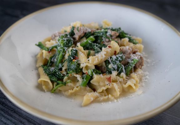 Campanelle Pasta, Italian Sausage, Rabe