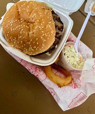 Boilermaker, cole slaw and onion rings underneath. The charcoal burgers are so good!