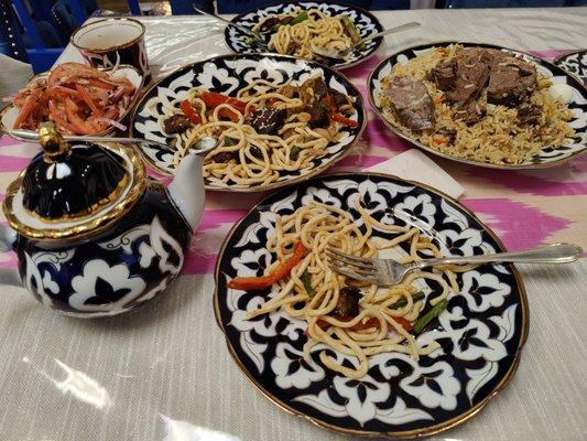 Laghman, Tashkent plov, achichuk salad, lemon black tea.