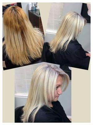 Foils were done back to back to achieve platinum blonde.