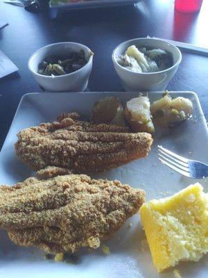 Southern fried catfish real mashed potatoes string beans and cornbread yum