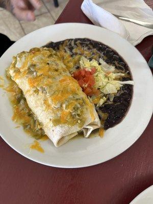 Breakfast burrito w/green chili and black beans.