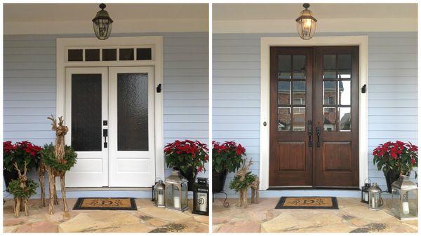 Transformation of a double door and transom  to a new Maxcraft double door system.