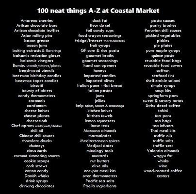 List of 100 types of products featured at Coastal Market