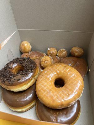 Chocolate donuts, Glazed donut, Glazed cinnamon twist and donut holes (thrown in for our first time!!)