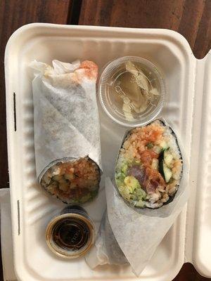 Poke poke burrito roll GF, sub with spicy salmon.