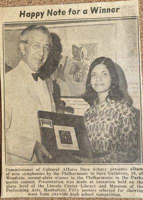 Old Newspaper clipping, showing me when I received the prize, for the Poster Design, while I was at A&D. NYC.