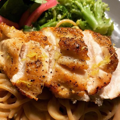 Lemon chicken pasta and sides salad