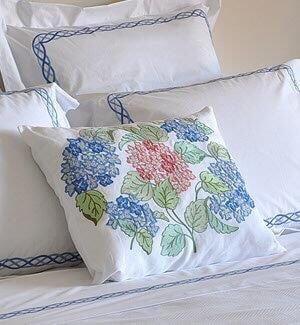 Hand embroidered bed linens in your selection of colors available to order from DonaDio Design@aol.com