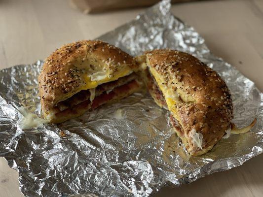 Everything Bagel with Sausage, Bacon, Egg, and Cheese