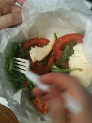 Coworker demolished the Caprese salad. She couldn't keep her fork off her salad.